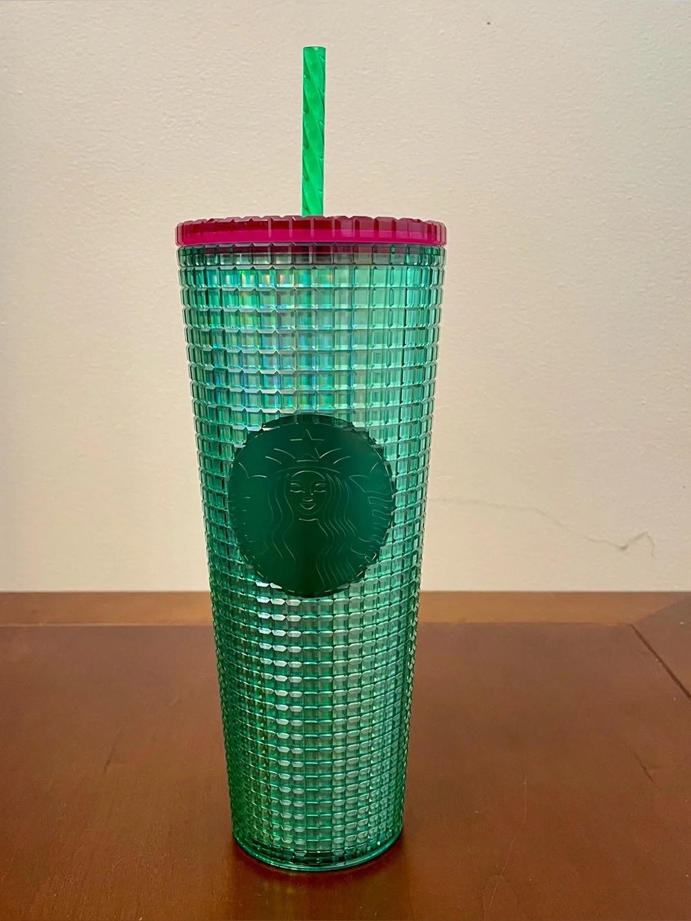 NEW STARBUCKS WATERMELON GREEN PINK GRID STUDDED COLD CUP Travel Tumbler 24 oz